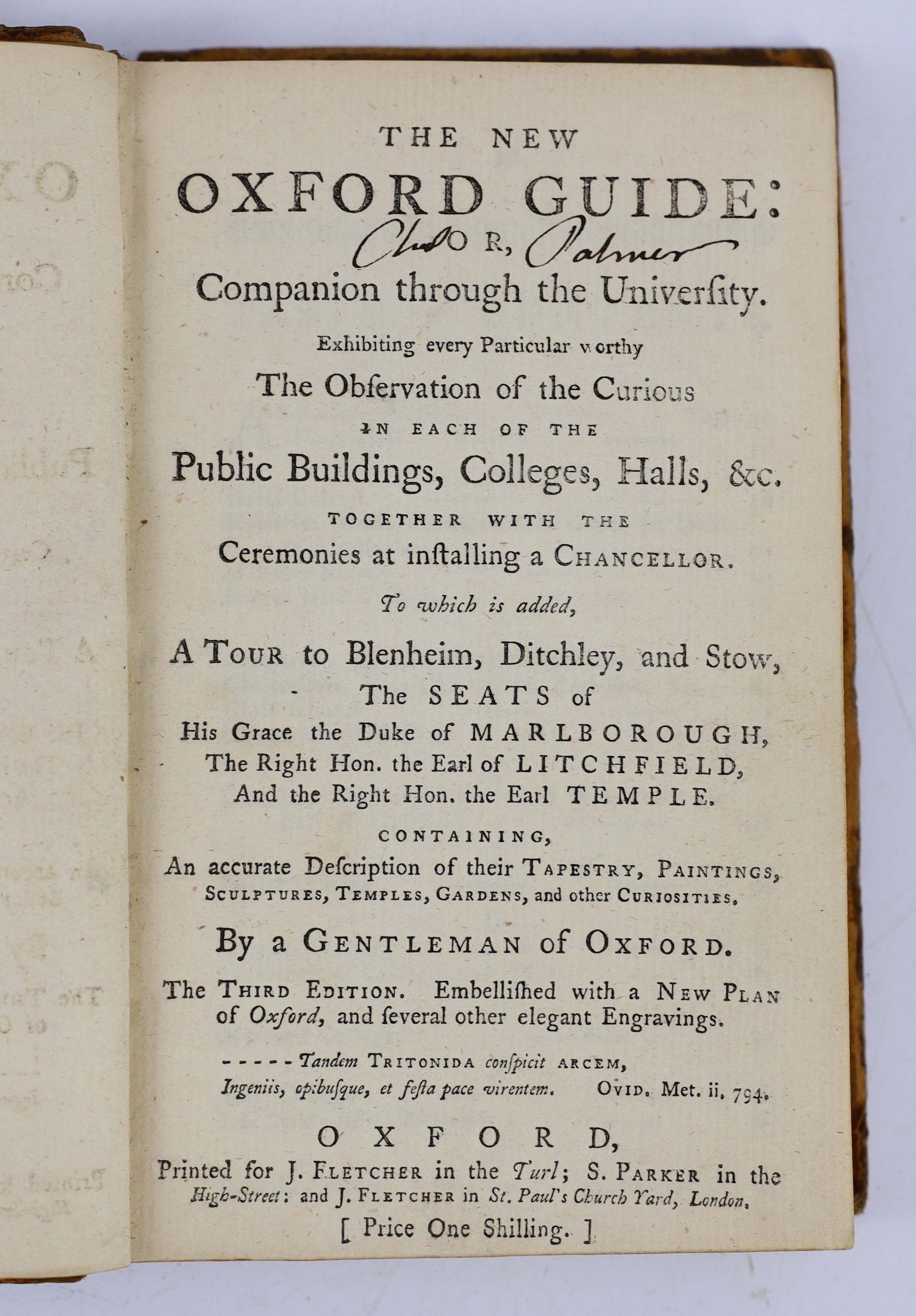 OXON: The Oxford University and City Guide, on a new plan...(and) a Guide to Blenheim, Nuneham, and the newly discovered Roman Villa, near Northleigh. pictorial engraved and printed titles, folded plan and 7 plates; old